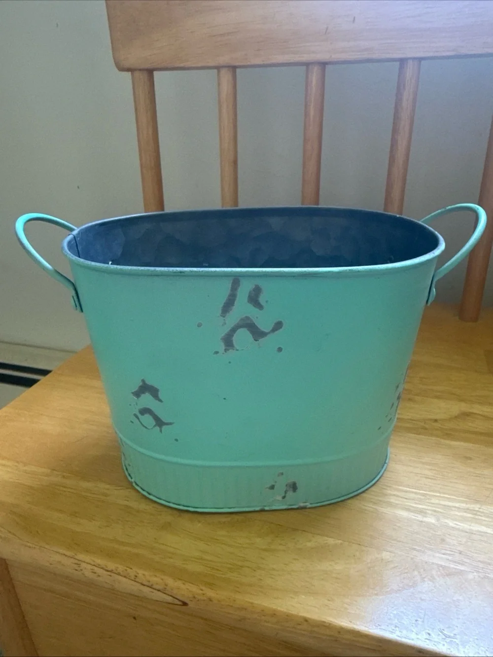 Distressed Mint Green Metal Planter with Side Handles